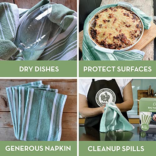 Country Trading Co. Big Thirsty Dish Towels - Organic Cotton Super Absorbent Kitchen Towels, Set Of 4, Green And White Stripe – Soft Weave Machine Washable Tea Towels - 25” X 19” #TOP4