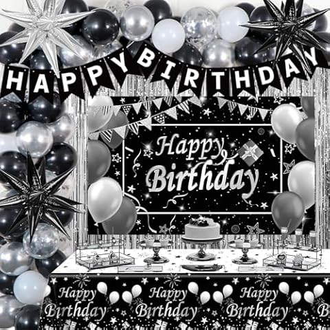 Black and Silver Birthday Decorations for Men Women Boys Girls, 85PCS White Black and Silver Party Decorations, Happy Birthday Backdrop Banner Tablecloth Confetti Star Balloons Arch Fringe Curtains Cover
