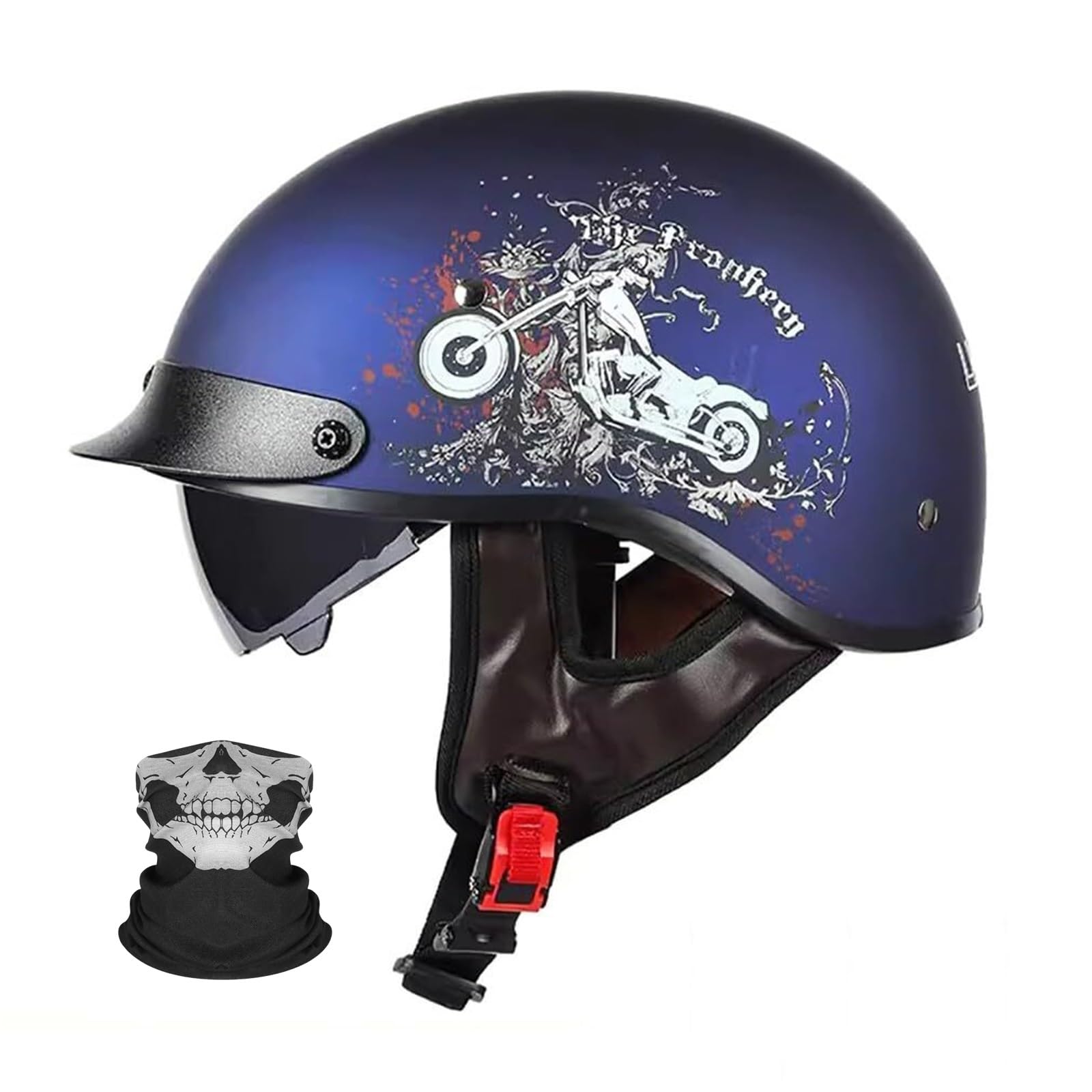 Kask Motocyklowy Retro Vintage Jet, Styl Pilot z Wbudowaną Blendą Słoneczną & Maską Skull, Homologacja ECE R22.06 na Skuter Moped Cruiser