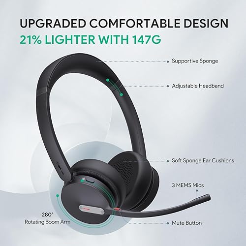 Miniatura 7 de Yealink BH70 - Auriculares inalámbricos Bluetooth con micrófono para trabajo, hasta 35h de duración de batería en conversación, 3 micrófonos, 147g