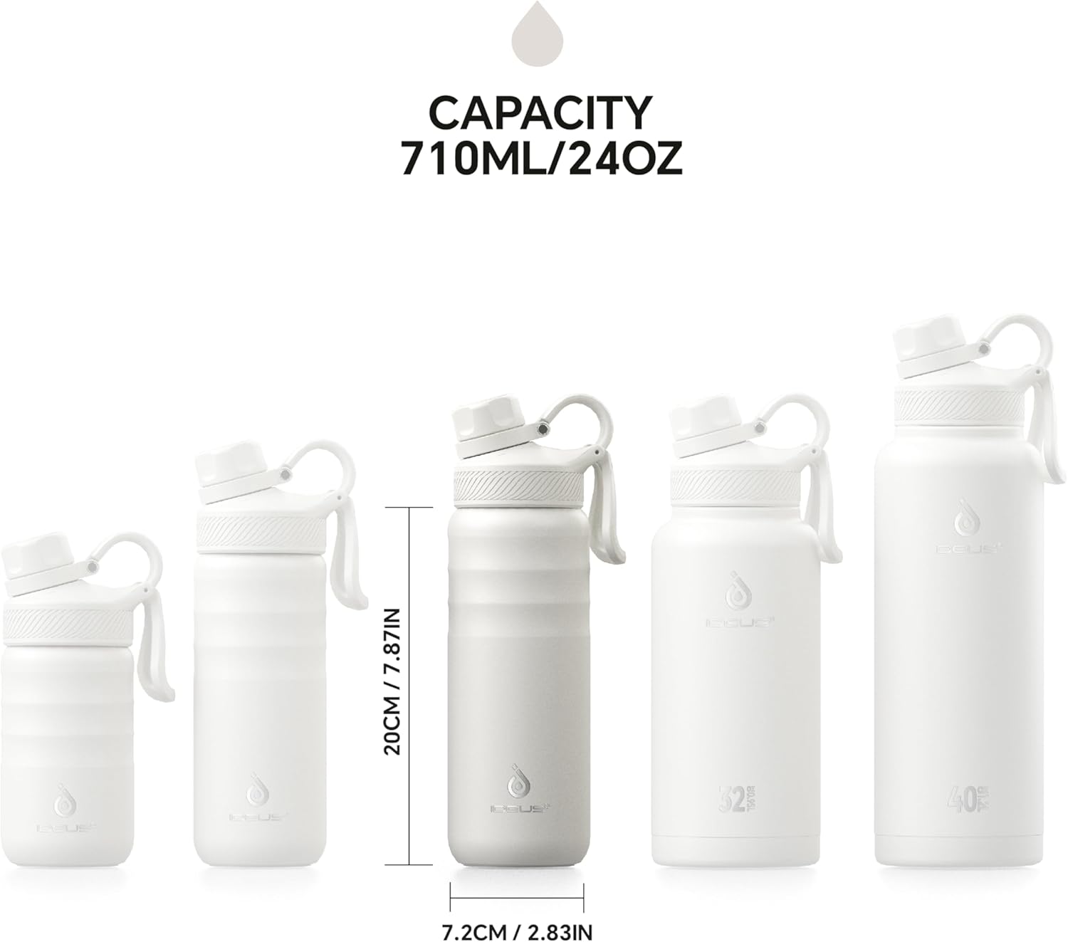 IDEUS Insulated Stainless Steel Water Bottle with 2 Leak-Proof Lids, Thermal Water Flask for Hiking Biking, 24oz, White - Image 7