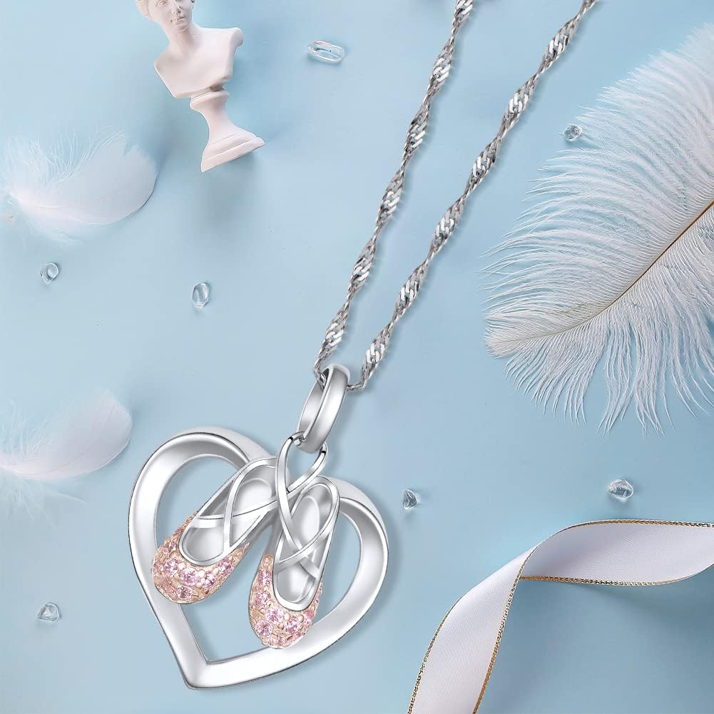 925 Sterling Silver Christmas Gifts for Women Ballerina Necklace Pendant Jewelry Heart Necklace Cubic Zirconia Ballet Slippers Shoes Necklace for Women Teen Little Girl & Dancer 18" - Image 4