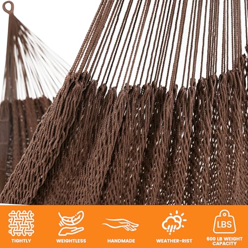 Image of Lazy Daze Hammocks Handwoven XL Mayan Hammock, 10.5 FT Soft Rope Double Hammocks, Portable Outdoor Hammock with Carry Bag, 2 Straps & Carabiners for Patio Outside, 550 lbs Weight Capacity, Coffee