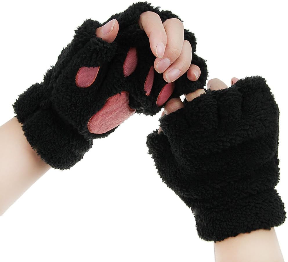 FakeFace Cute Cat Kitten Paw Fingerless Faux Fur Plush Gloves For Girls Women
