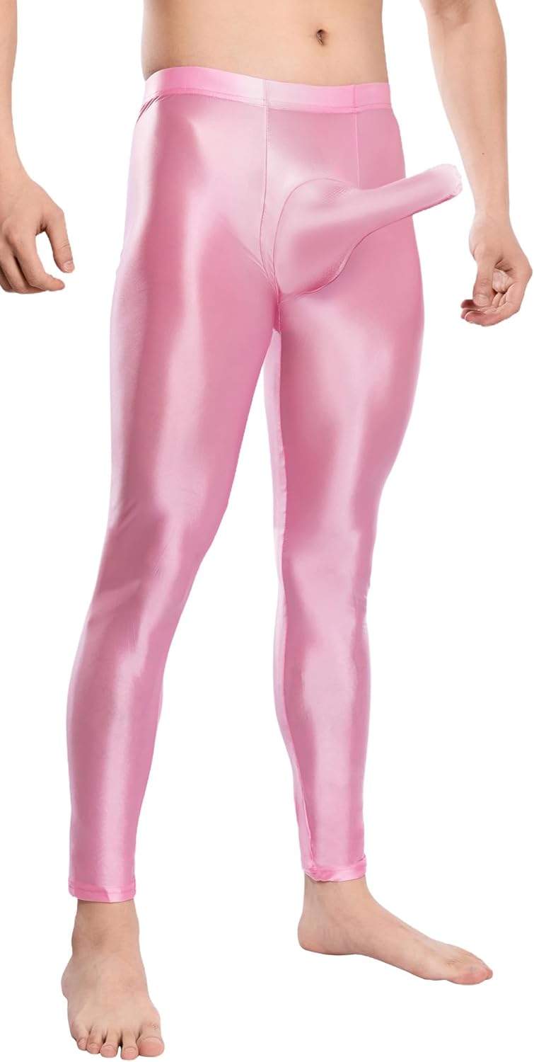 FEOYA Mens Oil Shiny Glossy Compression Pants Stretchy Nylon Smooth Bulge Pouch Leggings Tights Pants