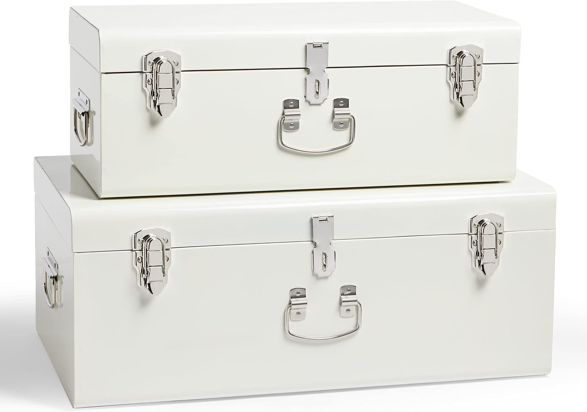 Beautify Storage Trunks, Set of 2 Cream Stainless Steel Storage Chests w/Silver Detailing, Stackable Bedroom Organisers w/Lockable Lids, Sturdy Multi-Purpose Bedding, Blanket & Toy Box