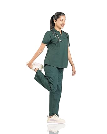 Flexi Women Medical Scrub Set | 5 Pockets | Cotton Lycra Doctor Scrubs | Y-Neck Top | Straight Pants | Hospital Uniform for Doctors & Nurses