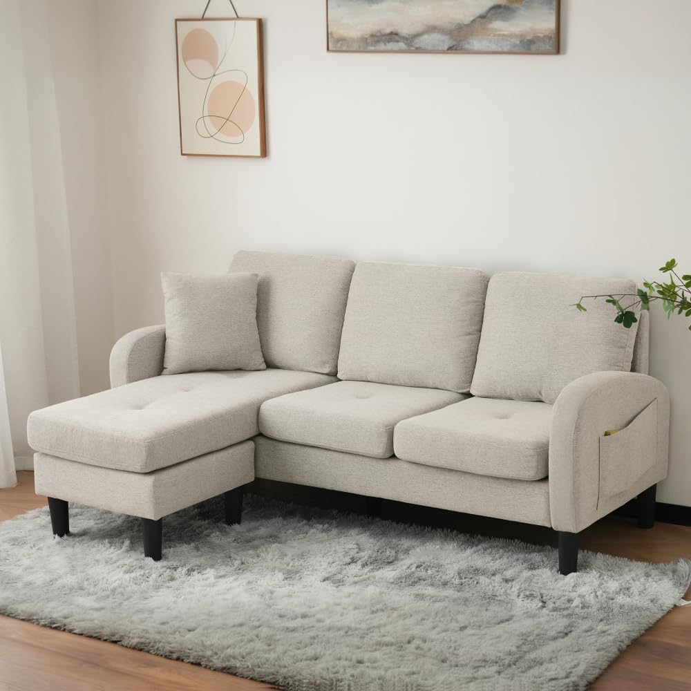 Sofá esquinero con chaise longue intercambiables, sofá de 2 a 3 plazas con 1 cojín, bolsillos laterales, sofá acolchado, patas para sillas de plástico, diseño modular, lino algodón, beige gris (166 x