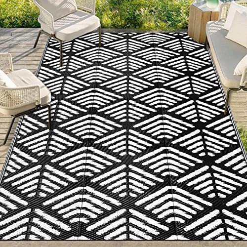 Capslpad Outdoor Teppich Wetterfest 150×245cm Farbecht Wendbar Kunststoffteppich GroßE Bodenmatte und Teppich für Draußen Wohnmobil Garten Terrasse Hinterhof Deck Picknick Strand, Schwarz und Weiß Cover