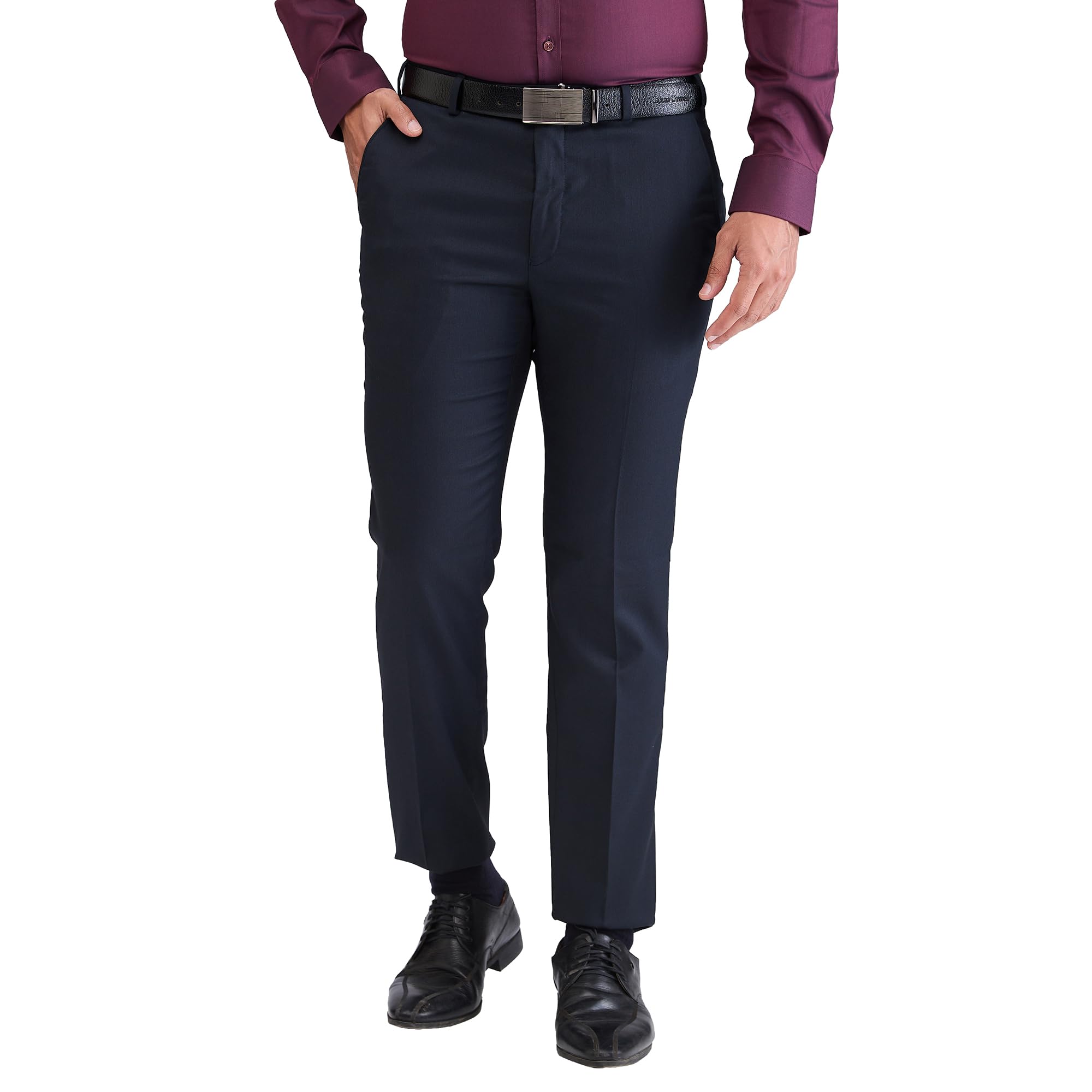 Park AvenueMen's Neo Fit Solid Pattern Polyviscose Blend Flat Front Regular Fit Formal Trouser (Size: 38)-Pmty07284-B8 Dark Blue