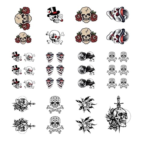 Skull Temporary Tattoo Sticker Waterproof Halloween Vintage Adult Men Women Hand Arm Shoulder 10.5X6cm Set of 12 (SF242)