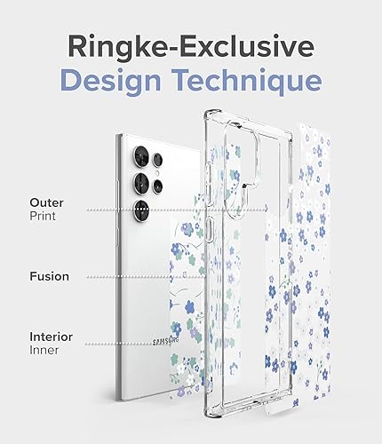 Miniatura 3 de Ringke Fusion Design - Funda compatible con Samsung Galaxy S22 Ultra 5G (2022), parte trasera dura transparente con diseño floral para niñas y