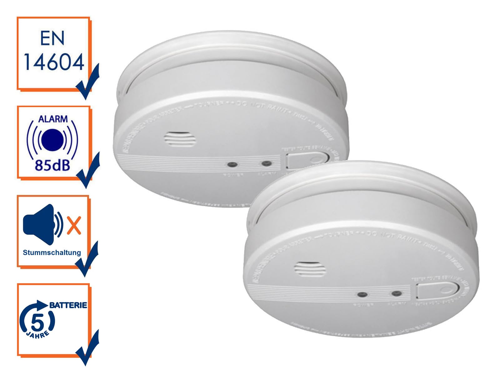 Juego de 2 detectores de humo conectables con conexión de 230 V + batería de reserva, señal de alarma de 85 dB