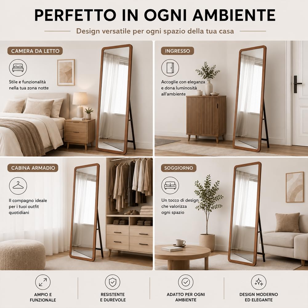 Shally Dogan Specchio Figura Intera Doppia Installazione da Parete o Indipendente, Specchi Design Moderno da Terra o da Muro, Ideale per Camera da Letto, Ingresso, 160 x 50 cm