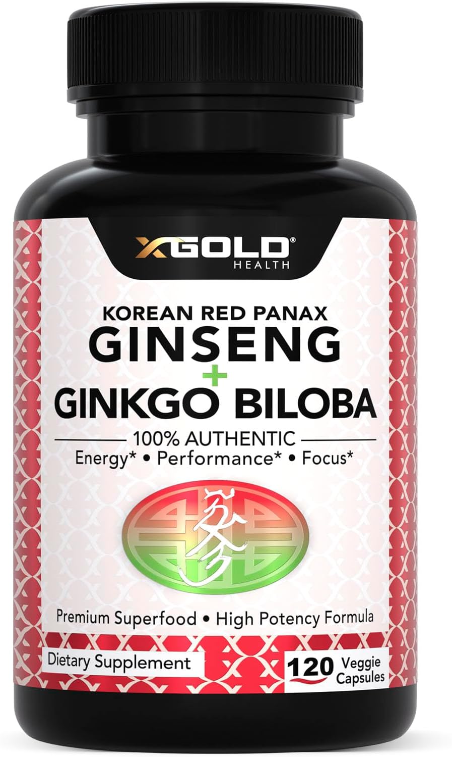 X Gold Health Extra Strength Korean Red Panax Ginseng (7% Ginsenosides) + Ginkgo Biloba – Energy, Focus & Vitality – Non-GMO 120 Capsules