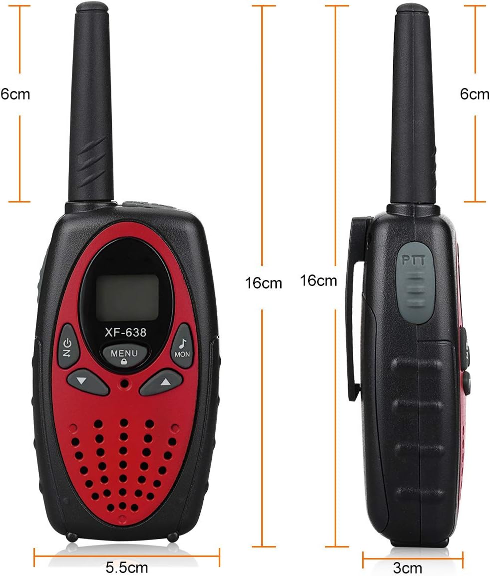 Diagram showing the dimensions of the Mksutary XF-638 two-way radio. Front view shows width 5.5cm, height 16cm. Side view shows depth 3cm, antenna height 6cm.