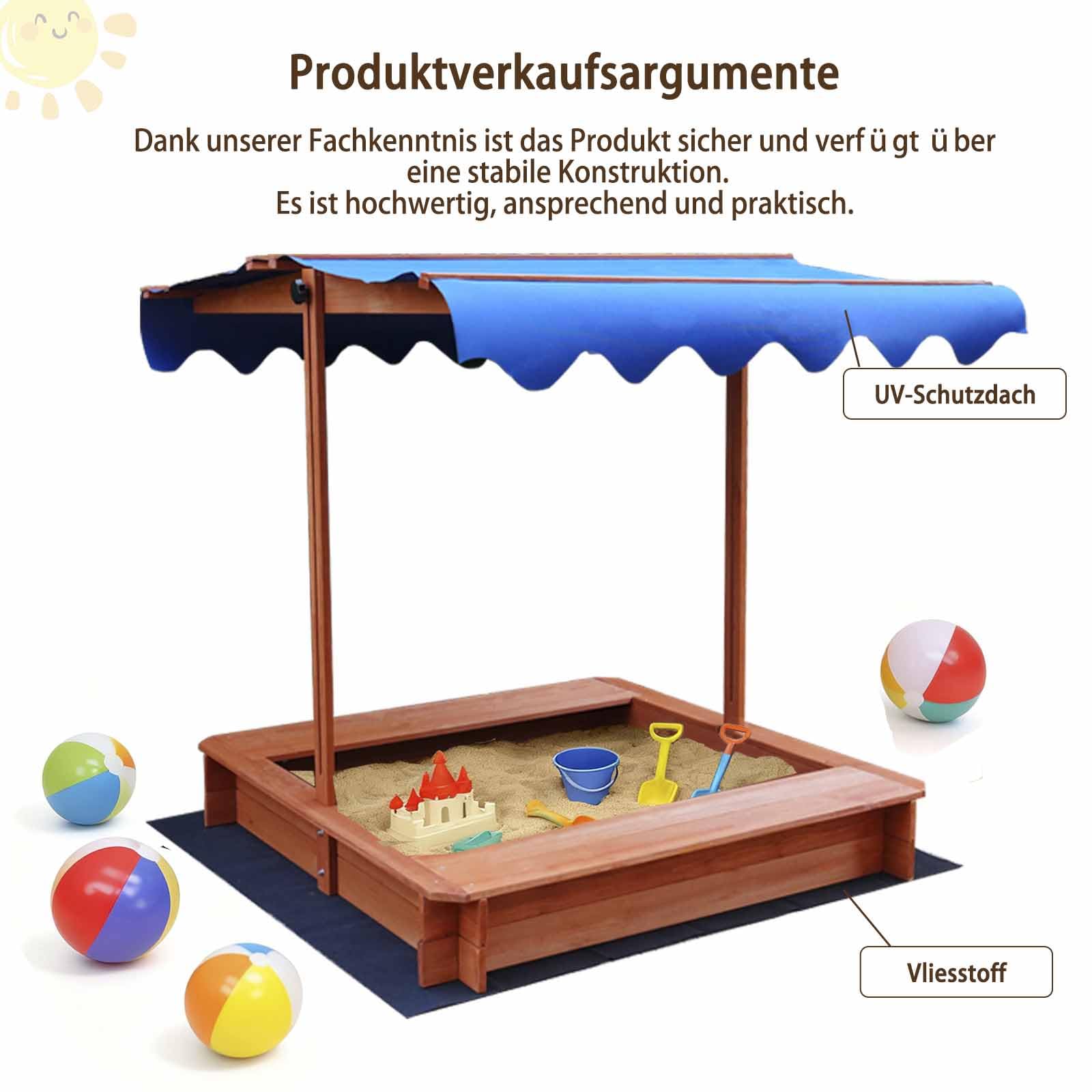 Bac à sable avec toit et banc, en bois, 114 x 114 x 114 cm, protection UV, bleu, avec tissu non tissé, le sac de sable convient uniquement aux enfants