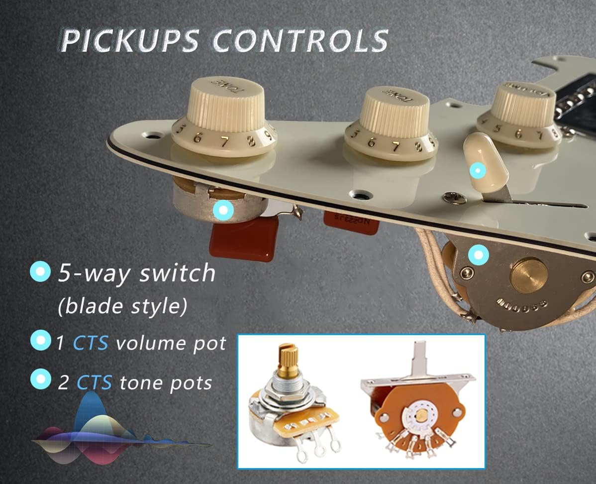 Fully Loaded Pick Guard for Strat Style Guitars, Prewired Pickguard with Vintage Tone SSH Pickups Set, Pre-wired Alnico 5 Single Coil Single Coil Humbucker Pups with CTS Pots, Off White
