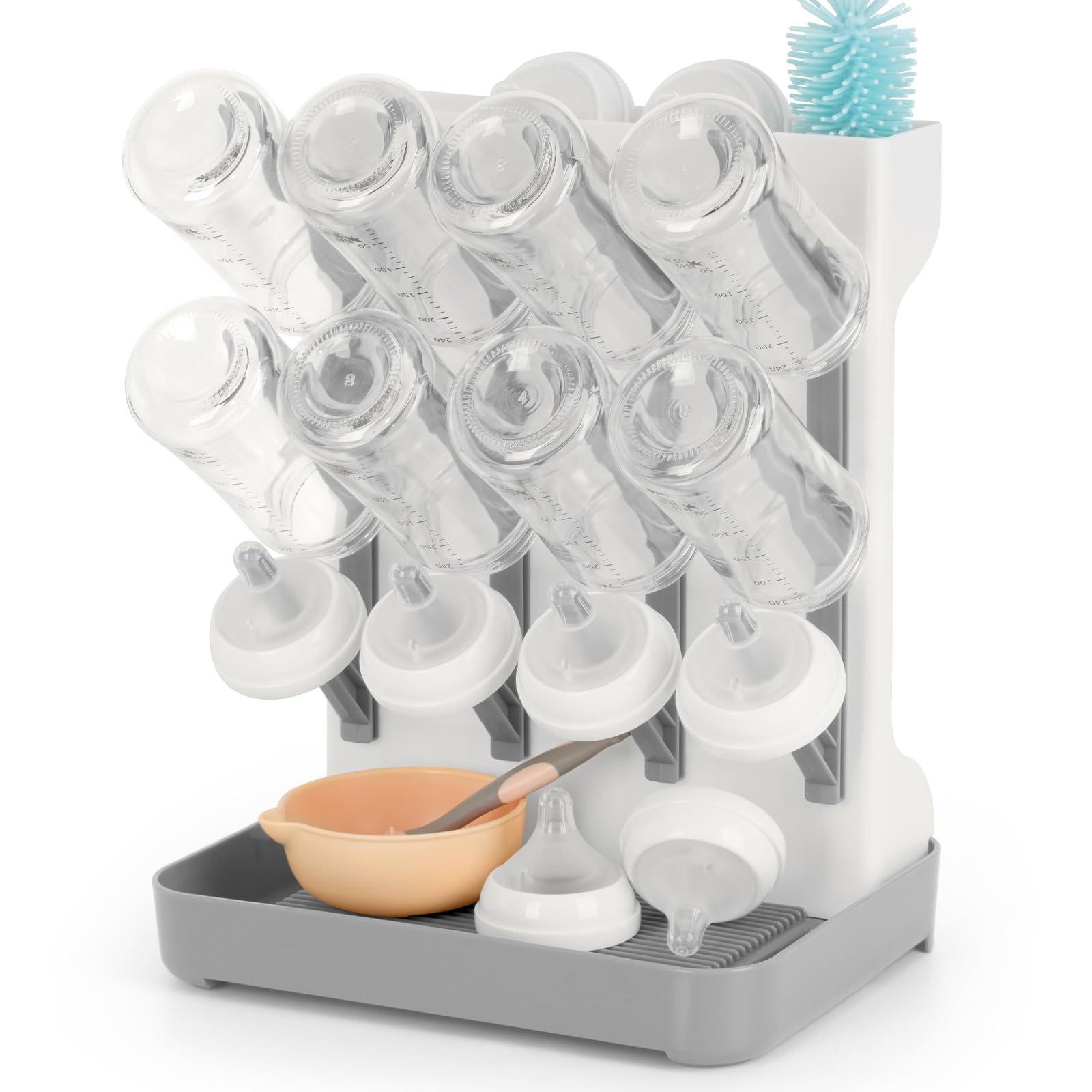 Flysich Baby Bottle Drying Rack, Space Saving Baby Bottle Organizer for Countertop, Vertical Bottle Dryer Holder with Brushes Holder, Large Bottle