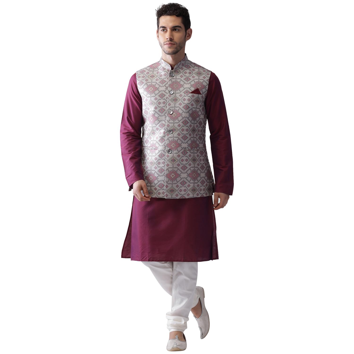 Kisah Men Grey Regular Kurta Churidar With Nehru Jacket, Full Sleaves, Knee Length, Straight, Regular Fit, Mandarin Collar Ethnic Wear