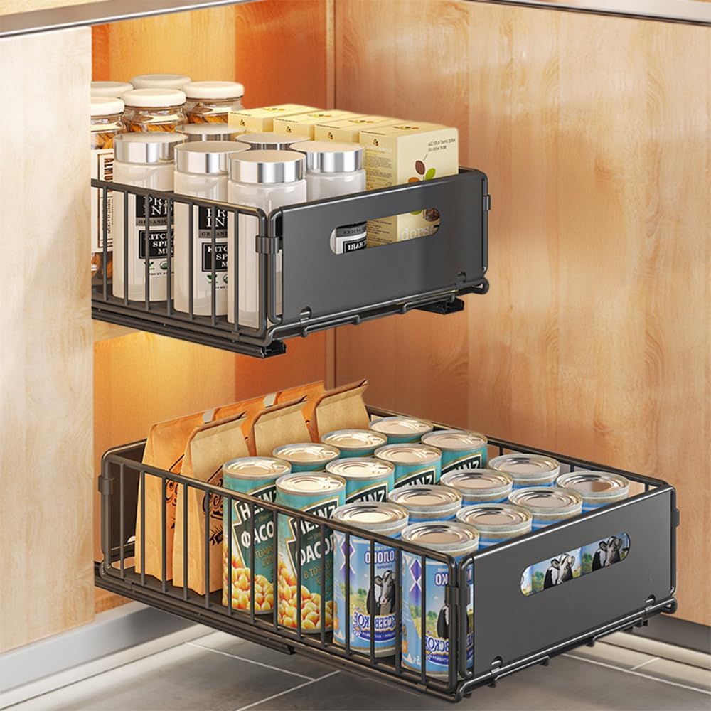 2 Pack Pull Out Cabinet Organizer,Metal Slide Out Drawers with Handle,Adhesive Sliding Mesh Cabinet Basket for Kitchen Cupboard Pantry Bathroom(14.7''D x 9.6''W x 3.9''H,Black)