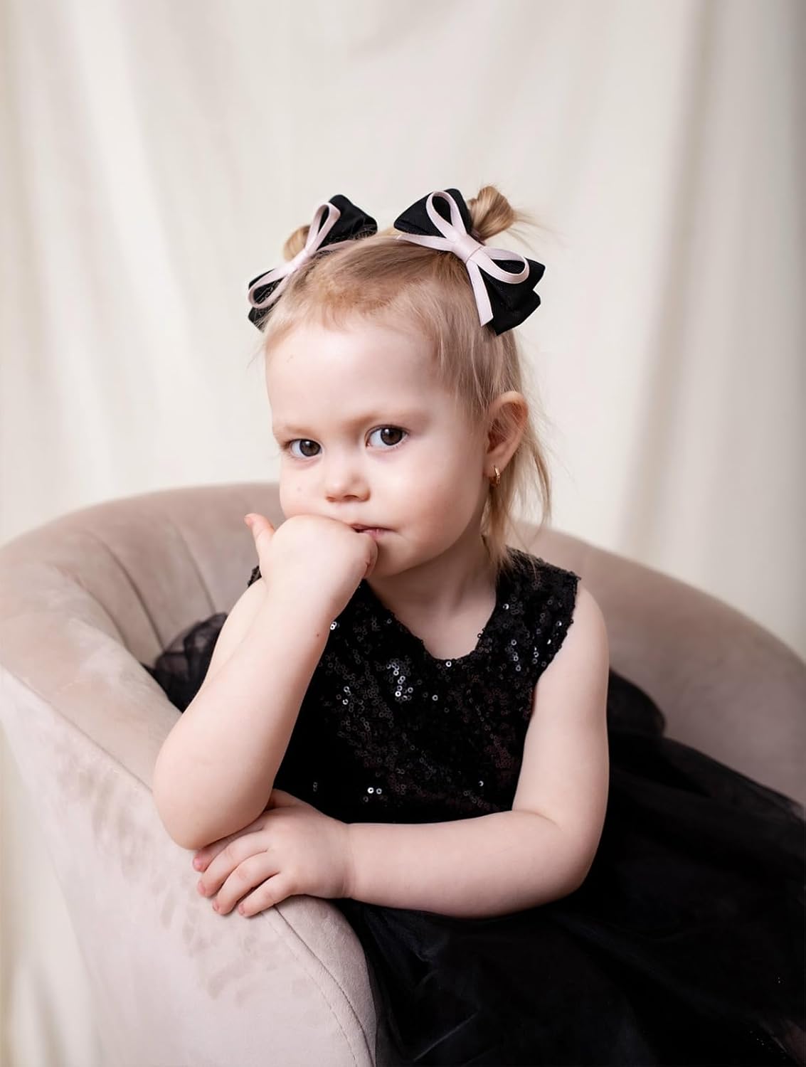3.5” Hair Bows for Baby Girls, 4PCS Thick Pink & Black Grosgrain Ribbon Clips, Hair Accessories for Toddlers Kids Teens Valentine