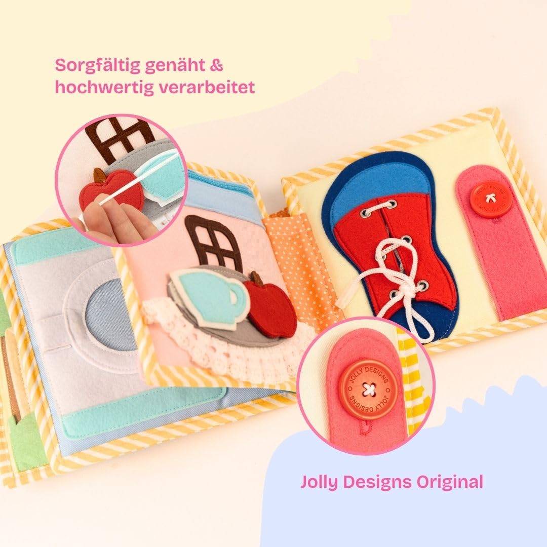Jolly Designs – Mini Quiet Book Home Sweet Home – Montessori Spielzeug ab 2 Jahren – Motorik & Sensorik fördern – Busy Book aus Filz – Handgefertigtes Filzbuch – Perfekt für unterwegs & Reisen