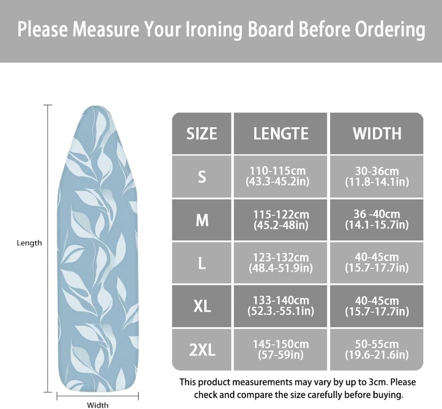 Iron Board Cover with Padding Standard Size Leaves Light Blue Padded Ironing Board Covers 15x54 Heat Reflective Extra Thick Wide Non Stick Scorch and Stain Resistant Heatproof