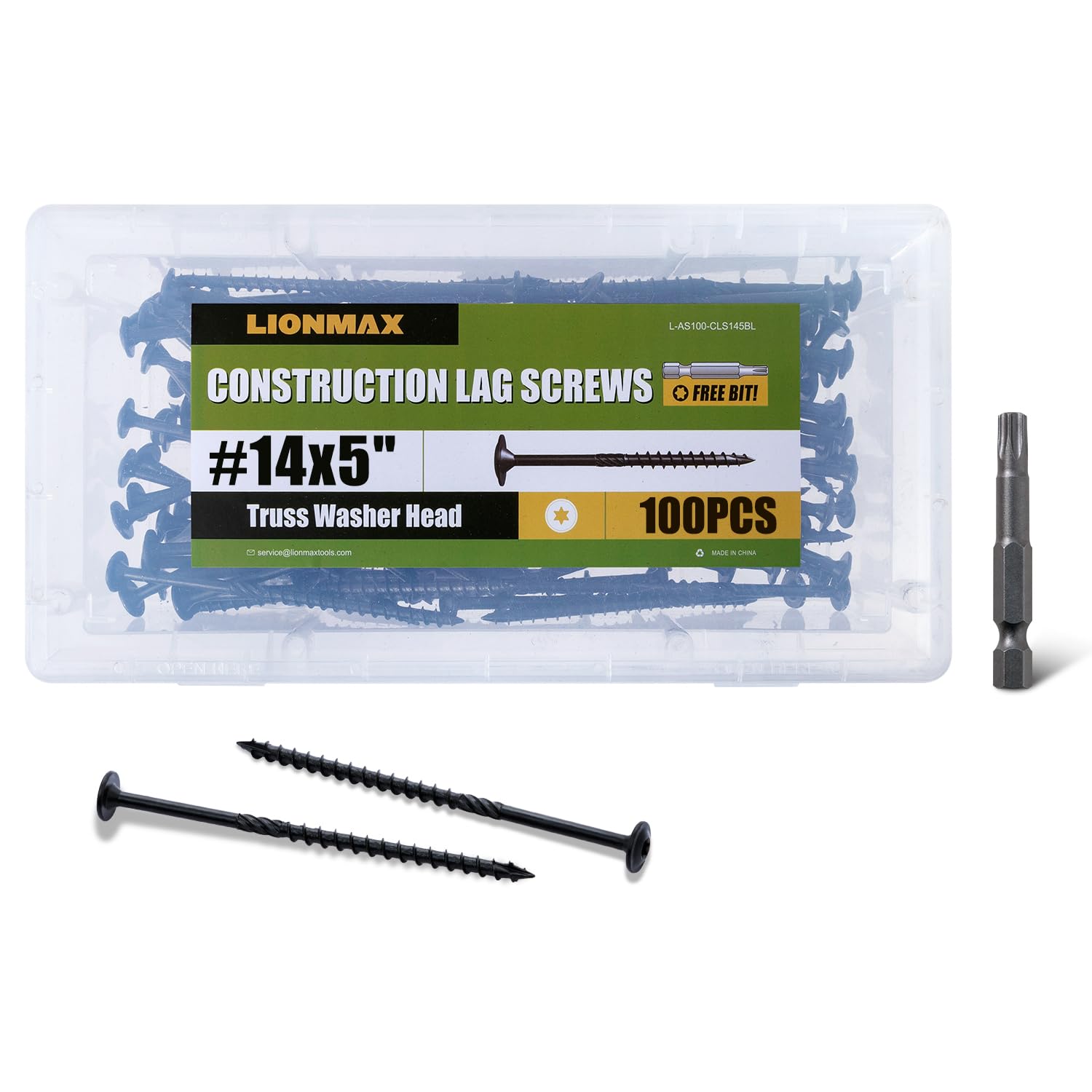 LIONMAX Lag Screws 5 Inch, Structural Wood Screw #14 x 5, 100-PCS Heavy Duty Construction Screw, Rust Resistant, Washer Head, Black Coated Exterior