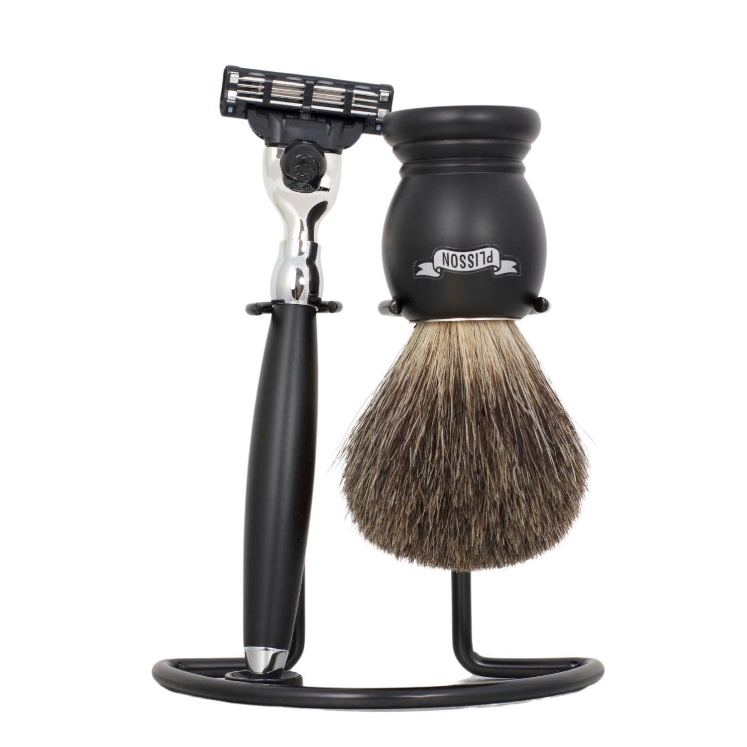 Plisson - Set de Rasage Essentiel - Coffret Cadeau 3 Pièces pour Homme - Blaireau Poils Gris de Russie, Taille 12 Standard + Rasoir Mach3 + Serviteur Laiton Chromé - Fabrication Française
