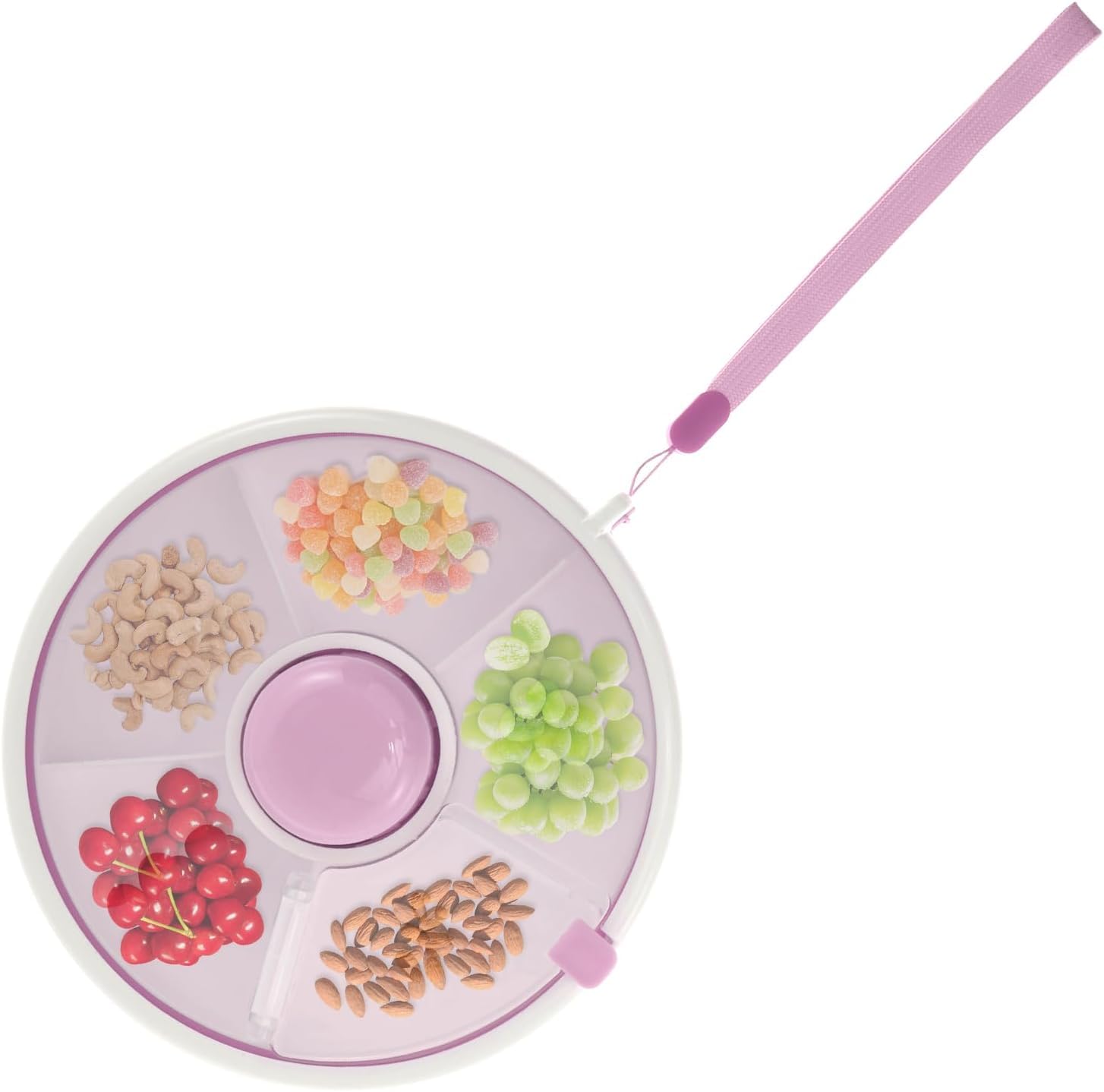NIHUIFDPY Kids Snack Spinner Toddler Spinner Snack Box with 5 Compartments and Lid Portable Snacks Food Serving Tray Round Divided Kids Snacks Container for Candy Nut Picnic Travel(Purple)