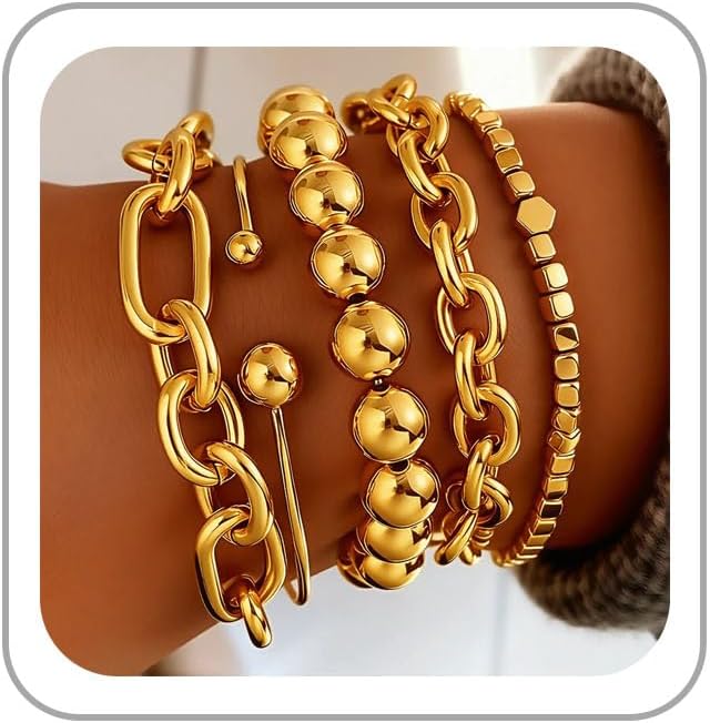 Chunky Gold Bangle Bracelets for Women Stackable Beaded Bangle Bracelet Set Cuban Link Chains Bracelet Dainty Gold Bangle Cuff Bracelets Fashion Jewelry Gifts for Women