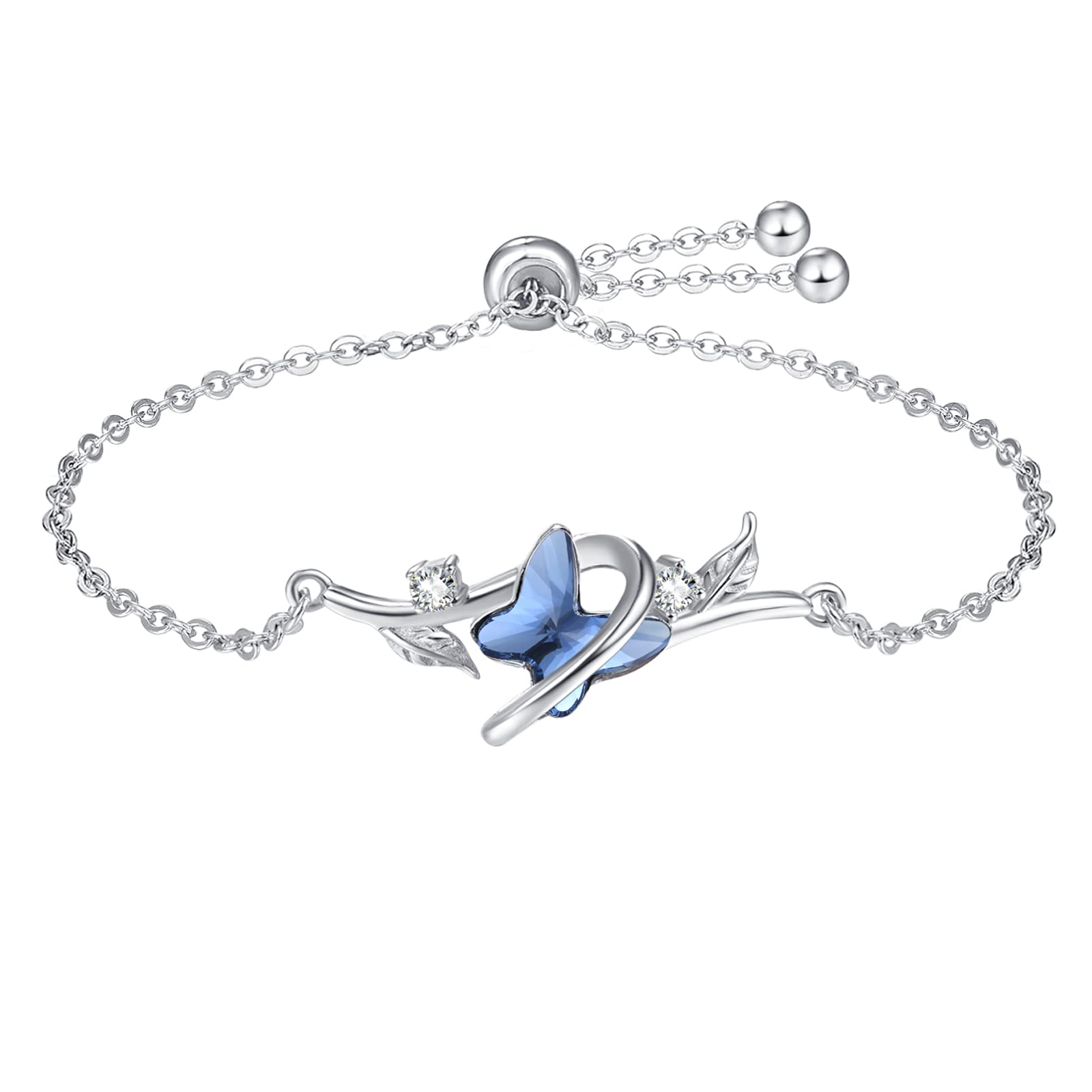 KINGWHYTE Pulsera de mariposa de plata de ley 925 con cristales azules, ajustable, para aniversario, cumpleaños, Navidad, regalo para mujer, 7 inch, Plata de ley