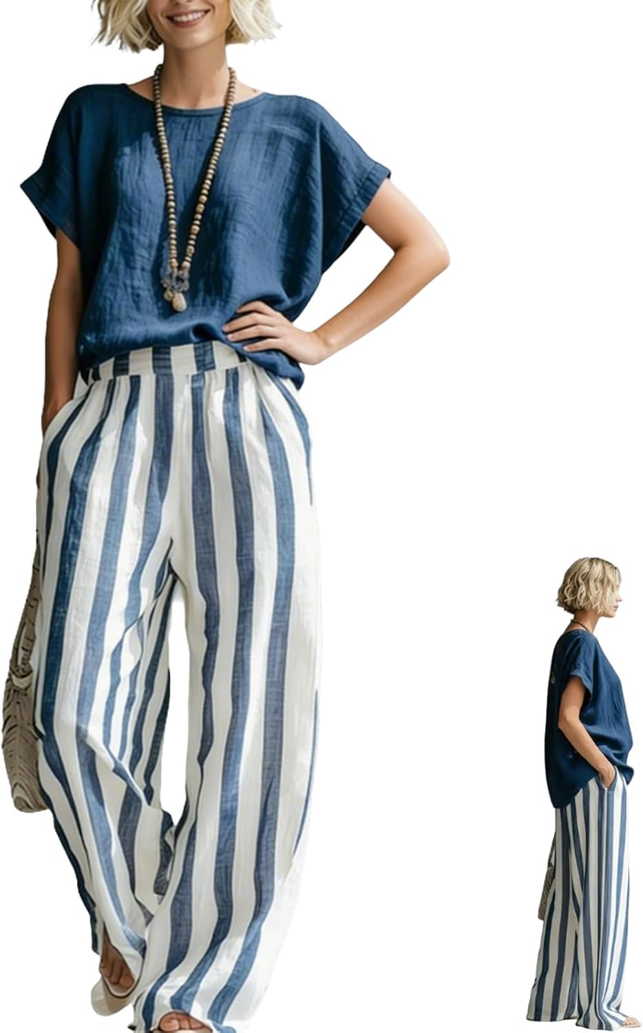 Cozy Loose-Fit Striped Cotton-Linen Two-Piece Set, Novelty Shirt & Classic Striped Wide Leg Pants Outfit, Summer Travel Suit