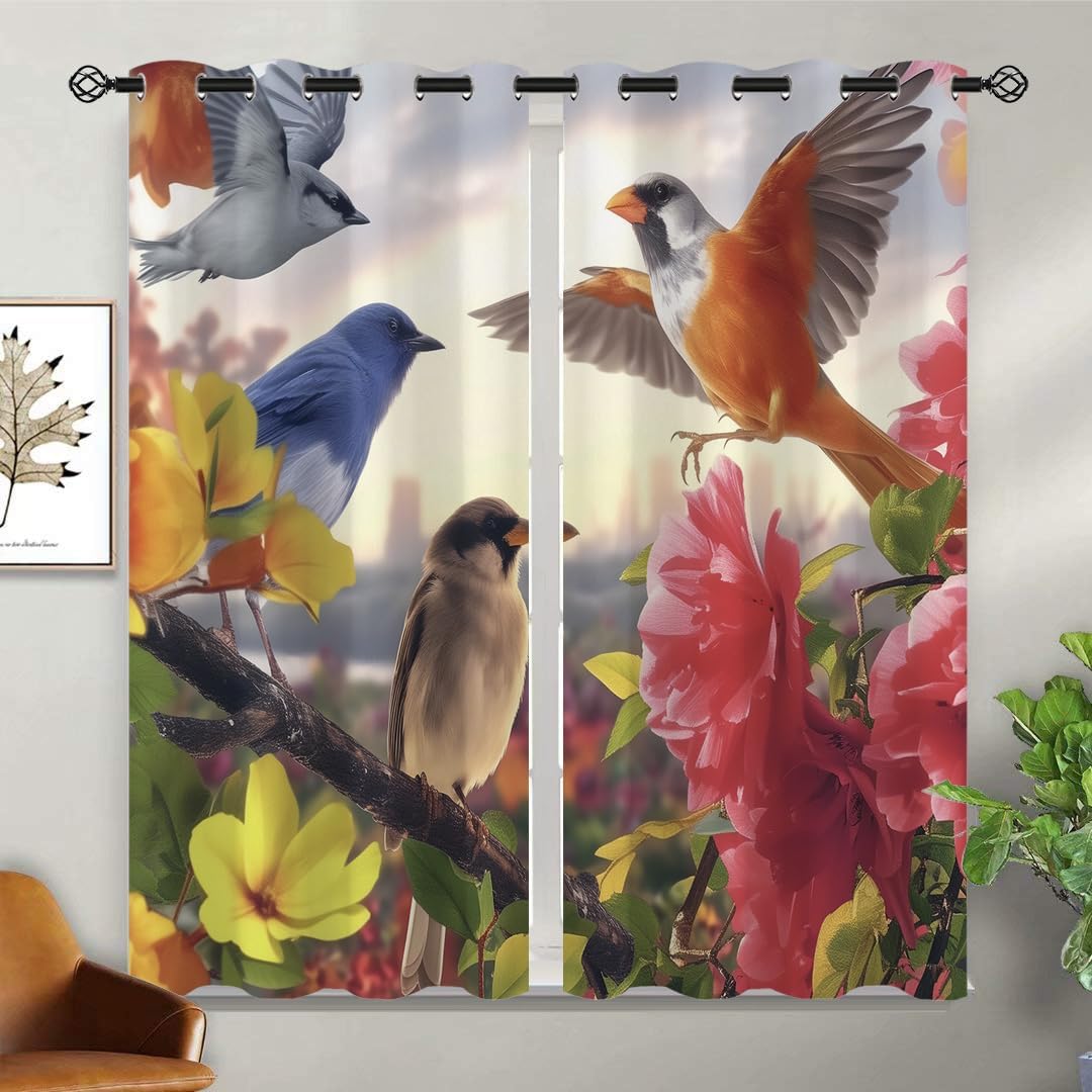 Bird and Flower Blackout Curtains for Girls Boy Home Decor, Farmhouse Country Floral Vintage Grommet Thermal Insulated Drapes Darkening Window Curtain for Bedroom Living Room, 42 x 63 Inch