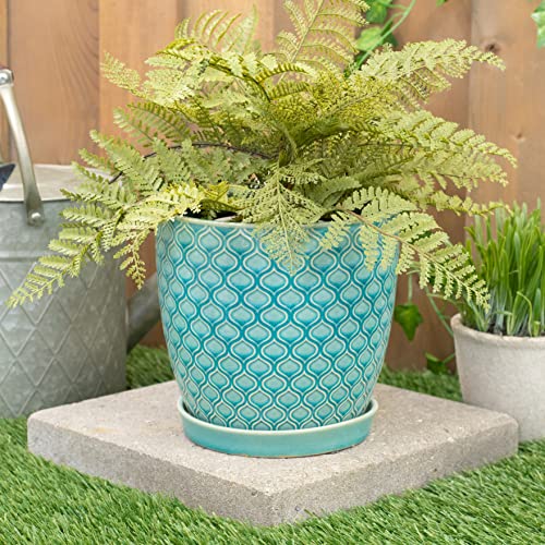 Napco Carved Teardrop Lattice Ceramic Pot With Aqua Glaze For Indoor Plants Planter, 7.25 Inch Diameter #TOP5