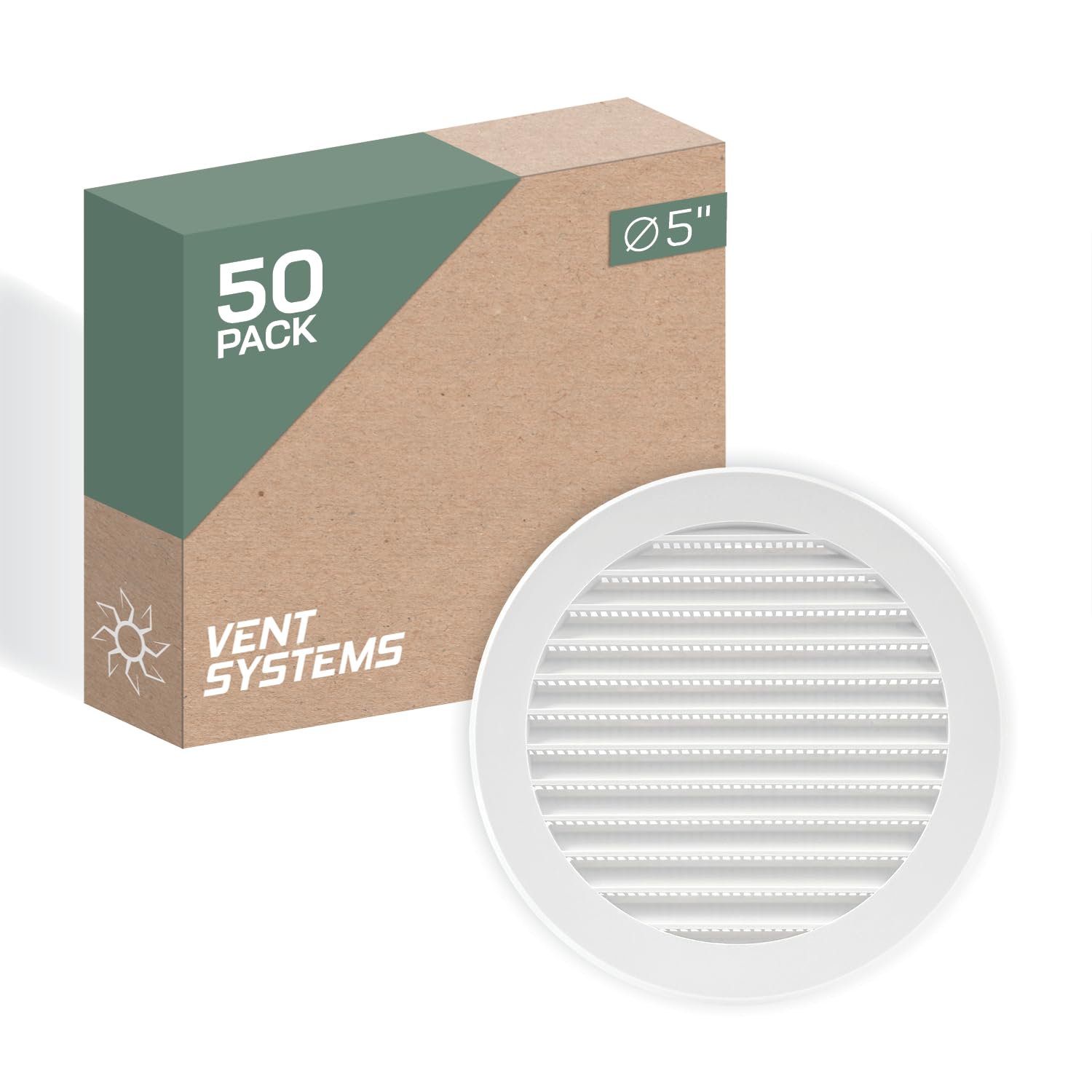 Vent Systems 125 mm / 5" Inch Round Soffit Vent Cover - Pack of 50 - White Louvered Plastic Grill Cover - Vent Grille with Screen Mesh - HVAC, Ducting, Pipe Air Supply Vents for Bathroom, Kitchen
