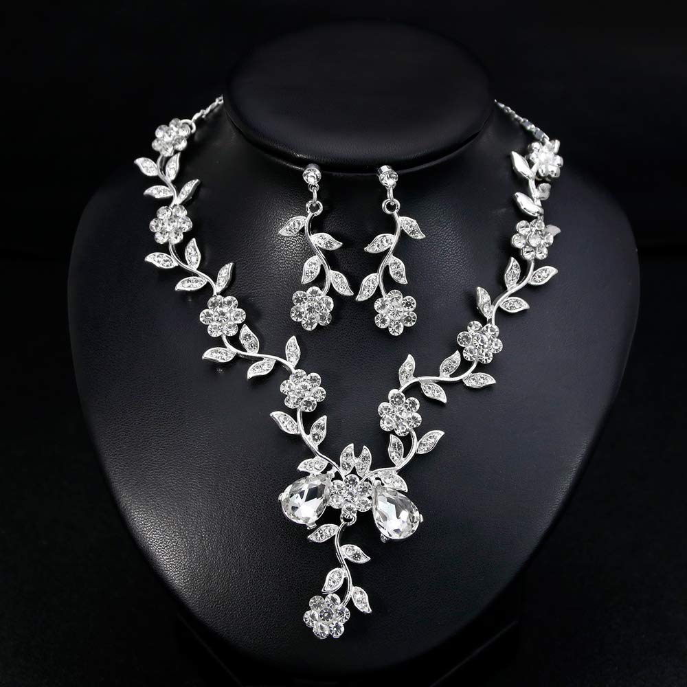 Elegante Conjunto de Joyas Nupciales de circonita cúbica con Flores, Hojas y Diamantes de imitación, Collar y Pendientes Colgantes para Novia.