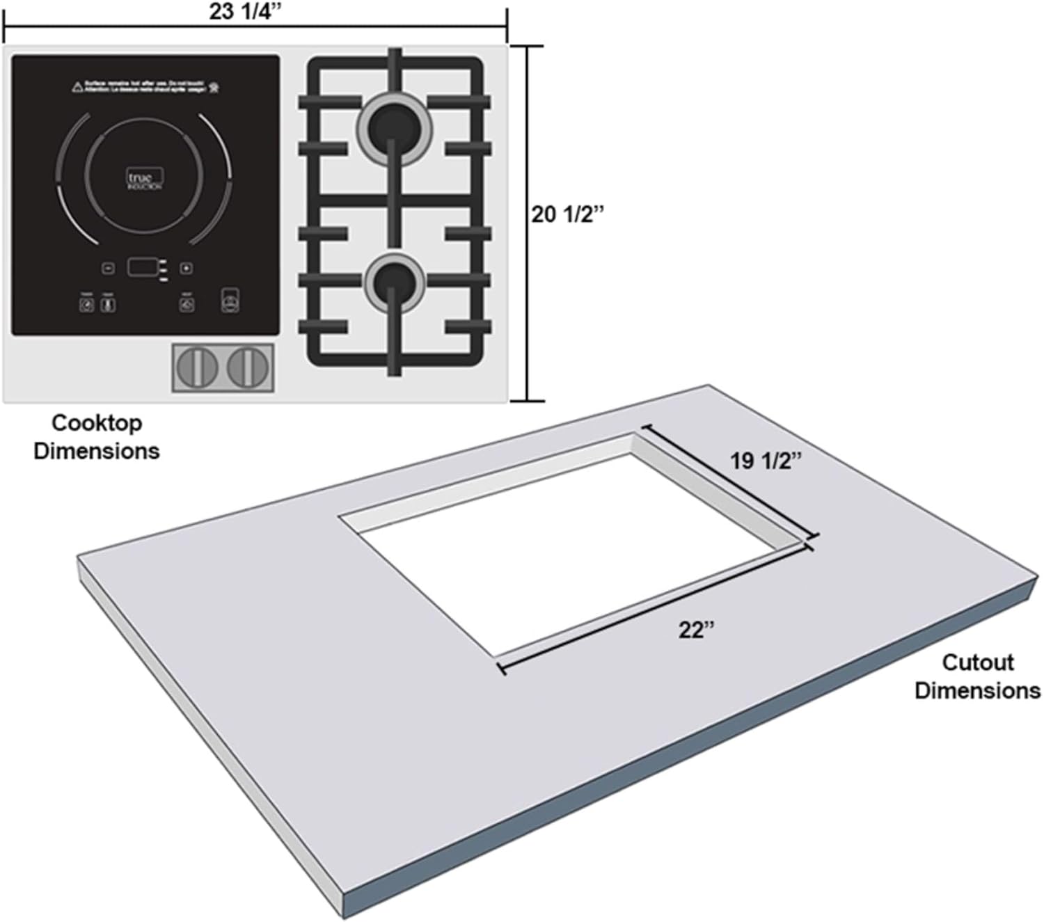TI-1+2B 23 inch Built-In Single Induction + 2 Gas Burner Combination Cooktop, UL858 Certified