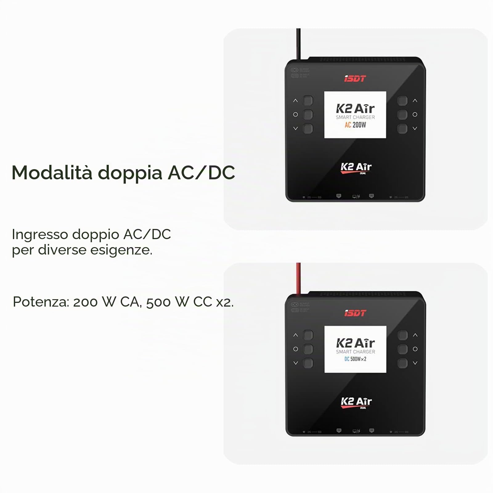 ISDT K2 Air Bluetooth Lipo Caricatore AC 200 W DC 500 W x 2 20 A Smart Balance Scaricatore/caricatore rapido a due canali per batterie Life/Lilon/LiPo/LiHv 1-6S, Pb 1-12S, NiMH/Cd 1-16S