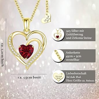 Heart Necklace Silver 925 / Gold Plated Necklace Women's I Love You Chain Silver Chain Heart Pendant Heart Jewellery Gifts Women Girlfriend Birthday Wedding Anniversary Love Gift Red