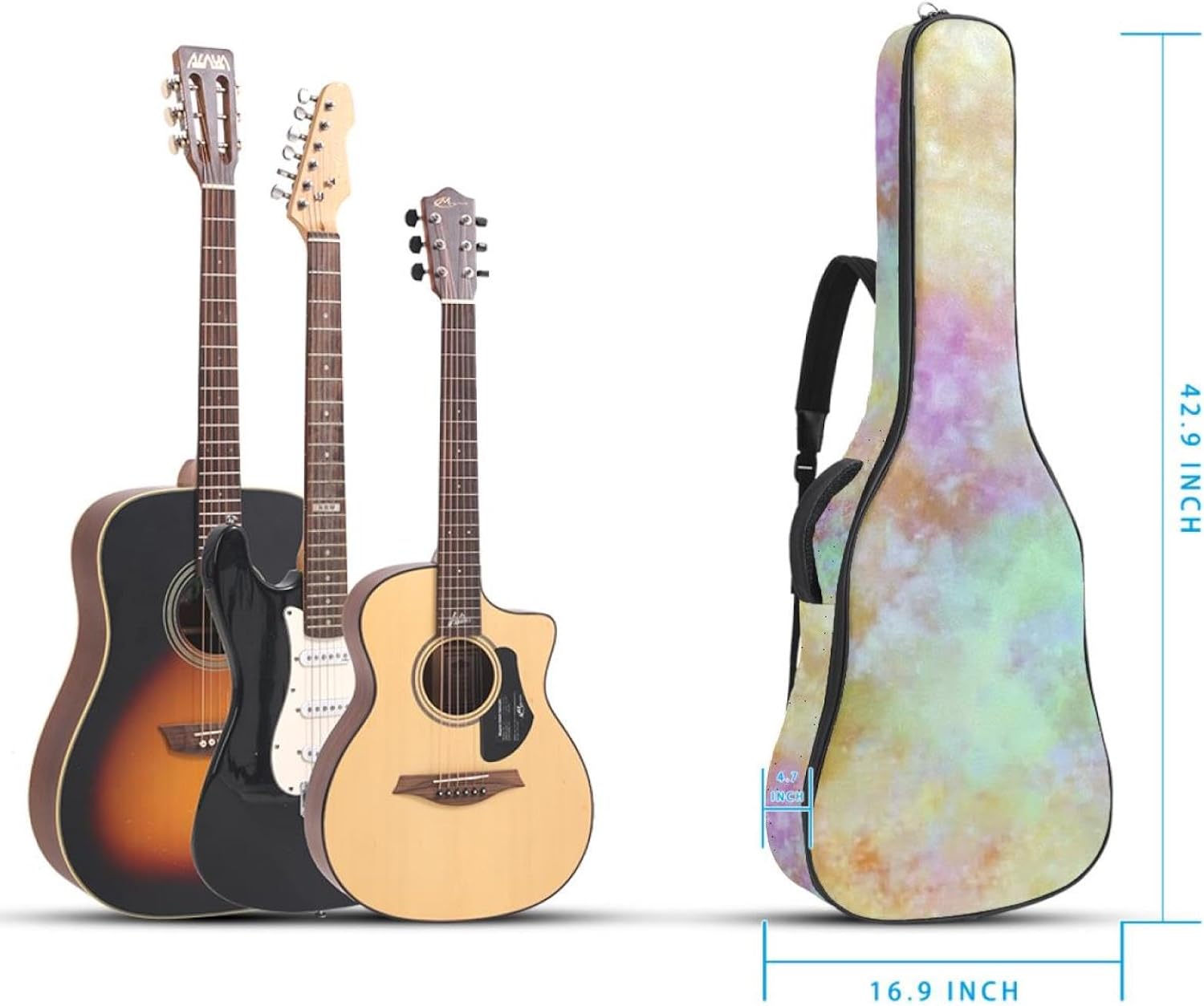 40/41/42-inch Tie Dyeing Art Acoustic Guitar Bag With Adjustable Shoulder Strap And 2 Storage Bags. Guitar Bag With Back Hanging Loop, Electric, and Classical Guitars