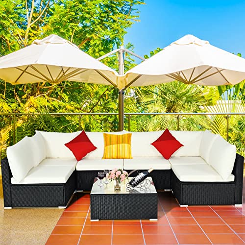 Image of DEVOKO 6 Seater Wicker Outdoor Garden Sectional Conversation Furniture with Glass Top Table & Waterproof Cushion for Patio, Deck, Lawn, Poolside (Black & White)
