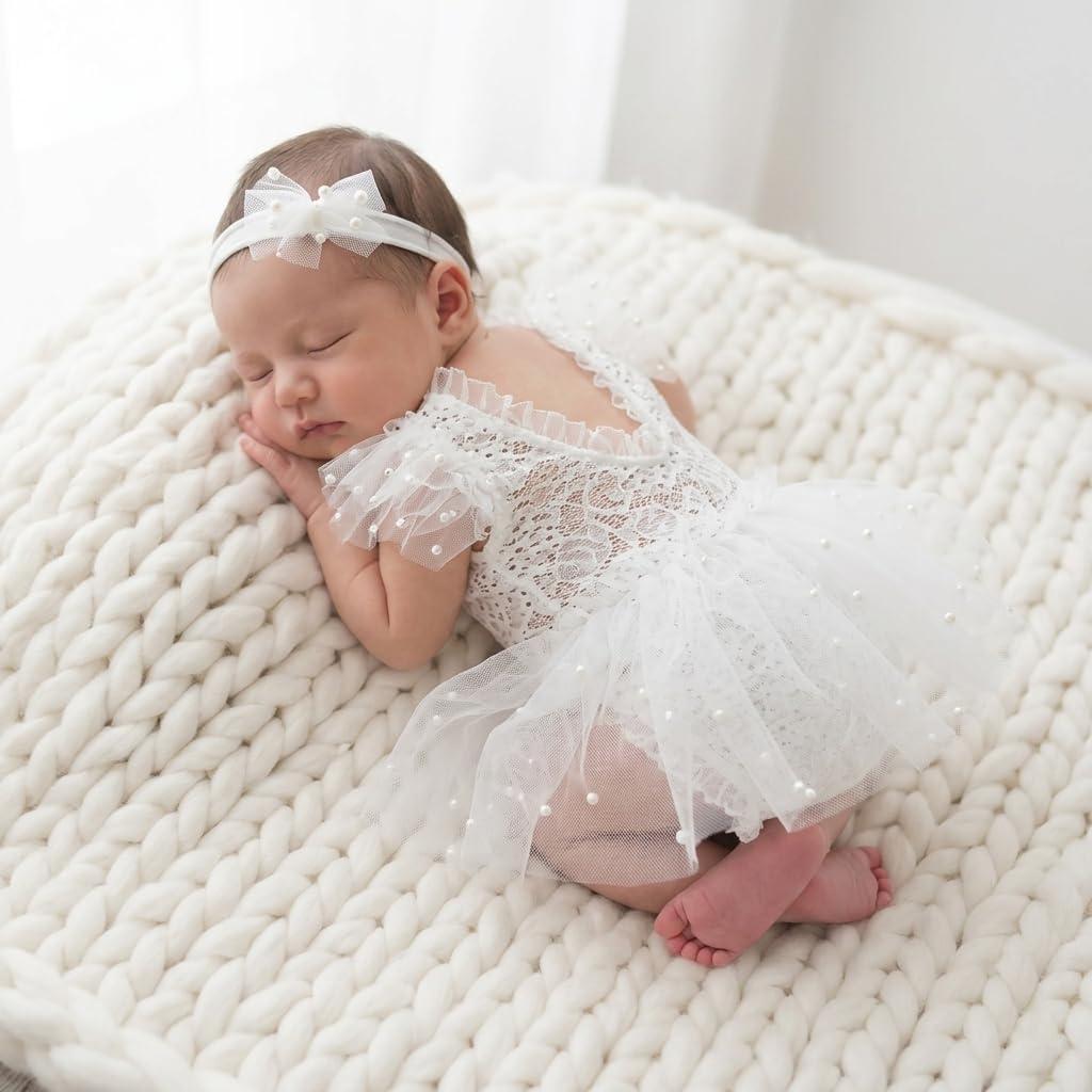 Newborn Lace Romper, 2 PCS Baby Girl Photography Props, Newborn Girl Photography Outfits with Flower Headband for Infants