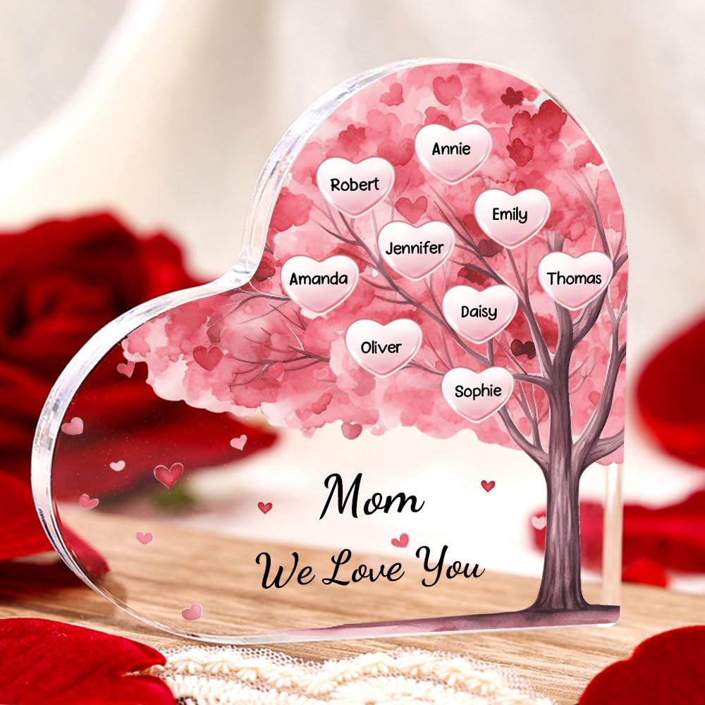 Mothers Day Gifts for Mom Custom Family Tree Acrylic Plaque Personalized 2-10 Family Names Tag Home Family Decorative Signs Birthday Gift for Mom Grandma 3.9" and 5.9" (9 Names, Pink(3.9"/5.9"))
