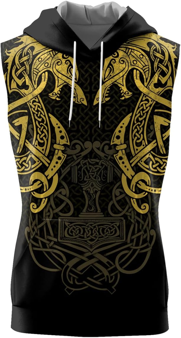 Viking Men's Sleeveless Workout Hoodie Hooded Bodybuilding Muscle Cut Off Tank Tops Gym Fitness