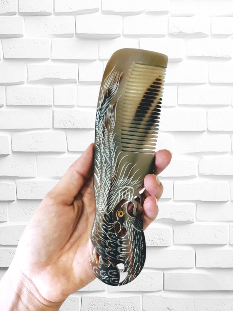 SOFIYA CRAFT Handmade Phoenix Engraved Buffalo Horn Comb, Vintage Massage Hair Brush, Natural Curly Horn Comb, Anti-static-image-29
