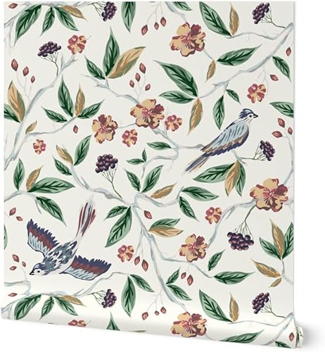 Spoonflower Papel tapiz para despegar y pegar, pintados a mano, pájaros vintage de los años 20, color beige natural de los años 40, bayas de jardín,