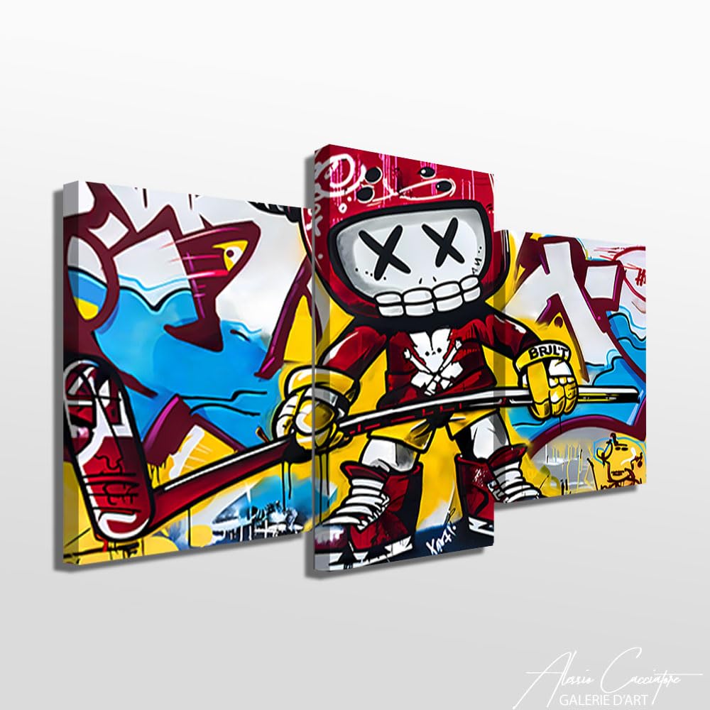 Quadro Street Art Xxl con cornice - Stampa su tela graffiti - Poster decorativo da parete per 3 - Quadro trittico da parete moderno, tela pop art grande formato (100 x 75 cm +2 x 80 x 60 cm)