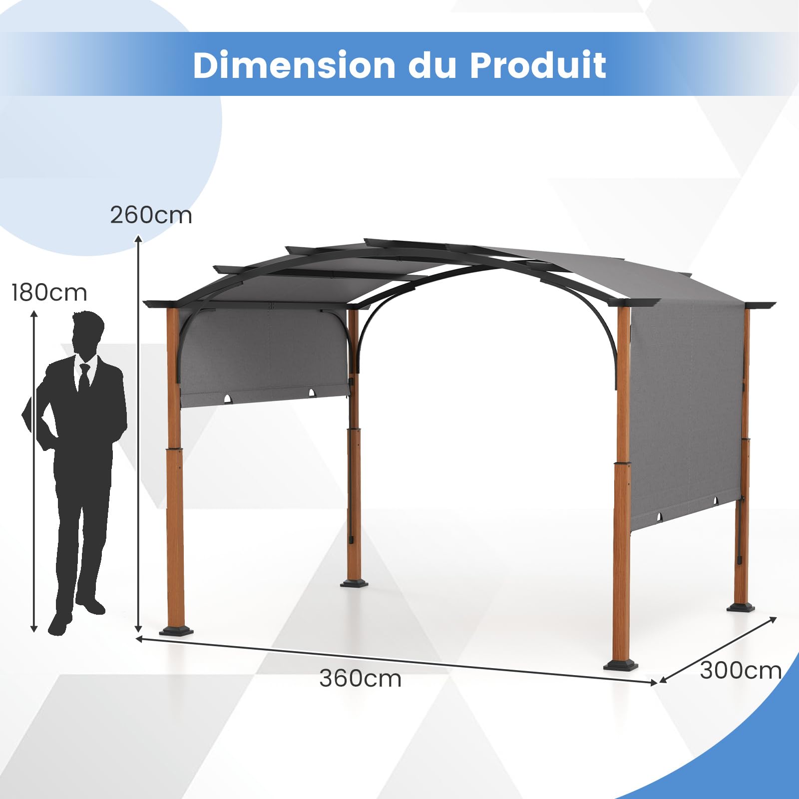 RELAX4LIFE Pergola Jardin Extérieur 3,6x3 M avec Auvent Rétractable, Tonnelle Pergola Métallique avec Toile Réglable Coulissante, Piquets de Sol, Protection UV, Pergola pour Jardin Plage Cour (Gris)